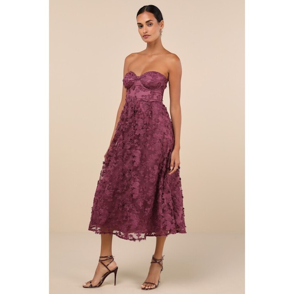 Lulus Quite Perfect Purple Floral Embroidered Strapless Midi Dress - Size S